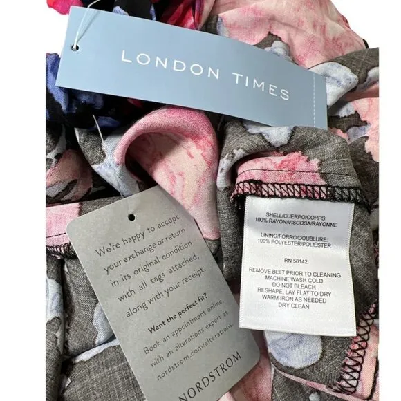 London Times Womens Black Pink Floral Short Sleeve Faux Wrap Midi Dress 8 NWT