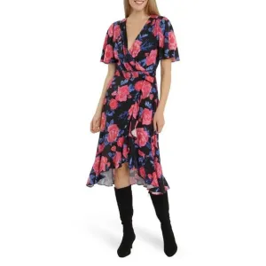 London Times Womens Black Pink Floral Short Sleeve Faux Wrap Midi Dress 8 NWT