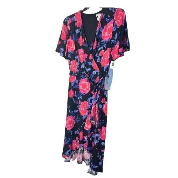 London Times Womens Black Pink Floral Short Sleeve Faux Wrap Midi Dress 8 NWT