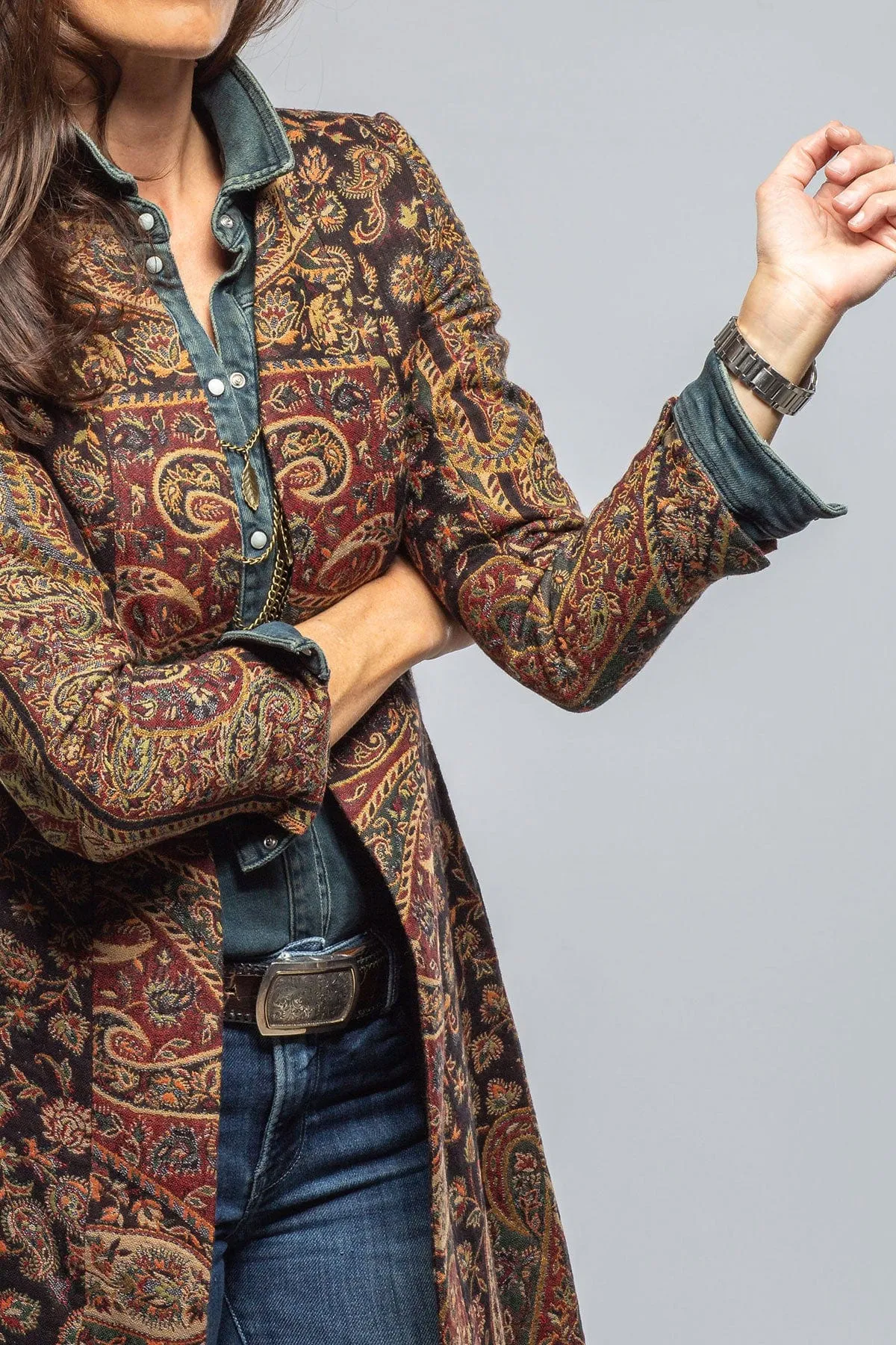 Long Morgana Coat In Black, Red, Green Paisley