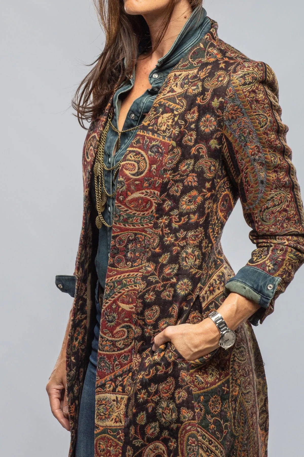 Long Morgana Coat In Black, Red, Green Paisley
