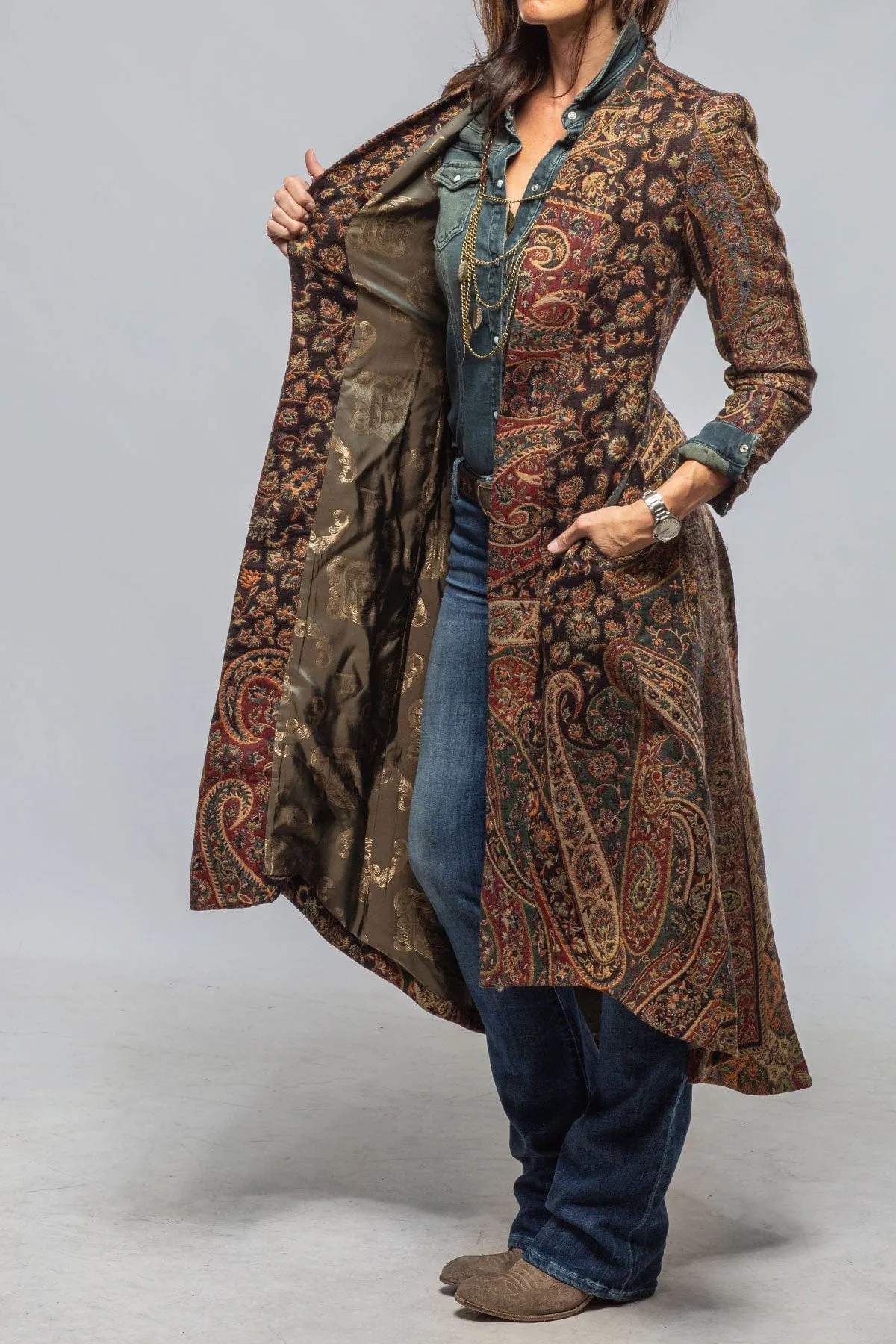 Long Morgana Coat In Black, Red, Green Paisley