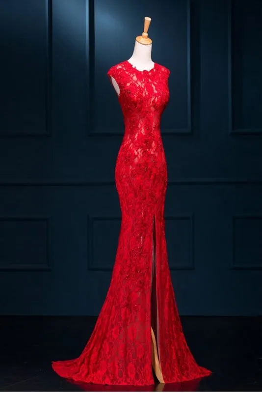 Long Pretty Red Lace Pretty Split Mermaid Prom Evening Dresses