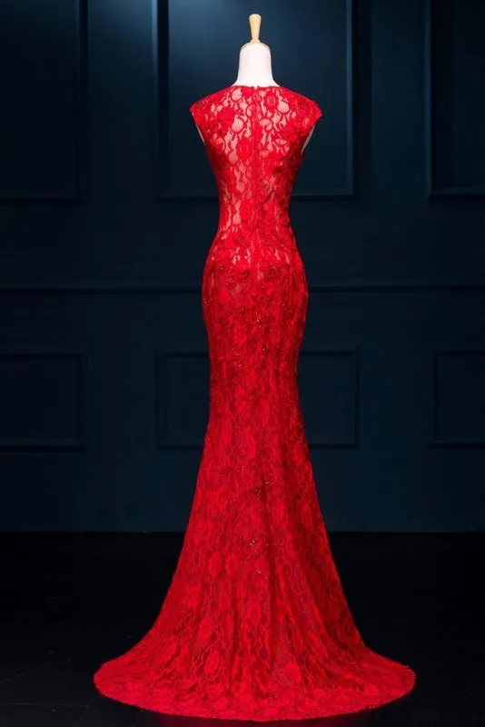 Long Pretty Red Lace Pretty Split Mermaid Prom Evening Dresses