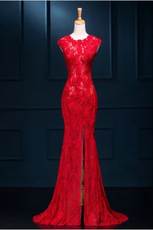 Long Pretty Red Lace Pretty Split Mermaid Prom Evening Dresses