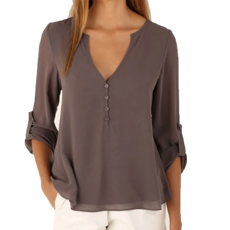 Long Sleeve Chiffonse Shirt DeWomen Neck Buttoned Back High Low Asymmetric Loose Casual Top L9