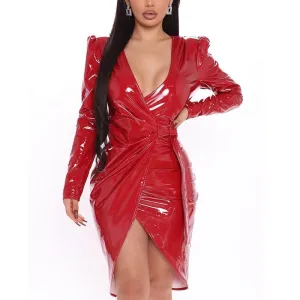 Long Sleeve Deep V Wrap Casual Tie Waist Midi Dress
