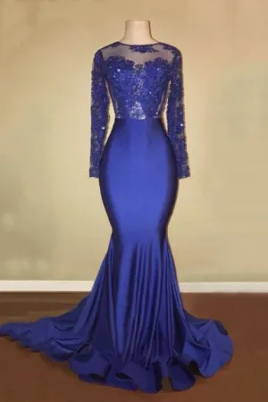 Long Sleeve Lace Backless Royal Blue Mermaid Prom Dress