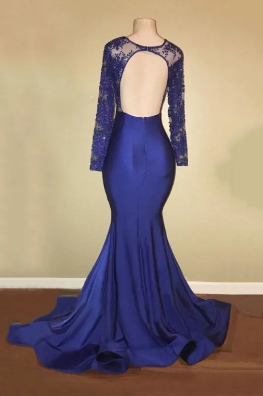 Long Sleeve Lace Backless Royal Blue Mermaid Prom Dress