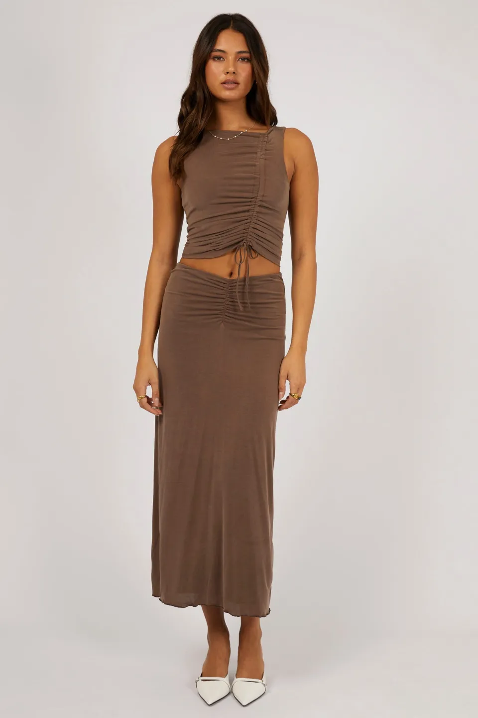 Luxe Brown Ruched Front Maxi Skirt
