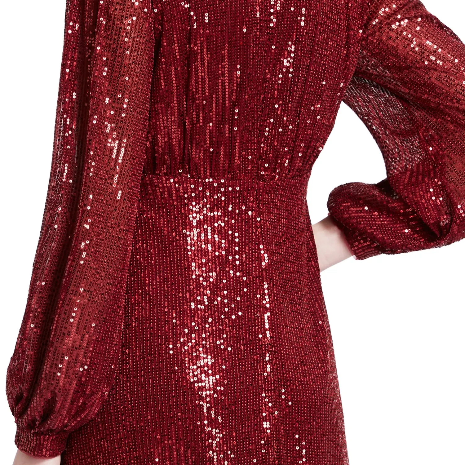 MACloth Women Tea Length Long Puff Sleeve Empire Sequin Cocktail Party Dresses