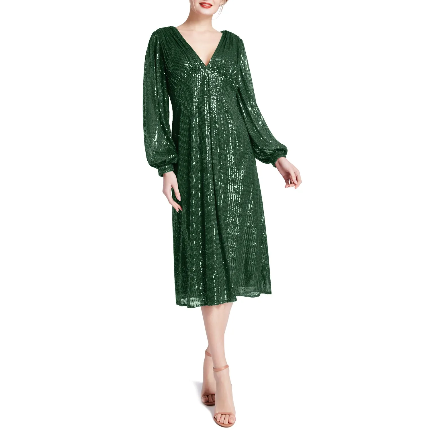 MACloth Women Tea Length Long Puff Sleeve Empire Sequin Cocktail Party Dresses