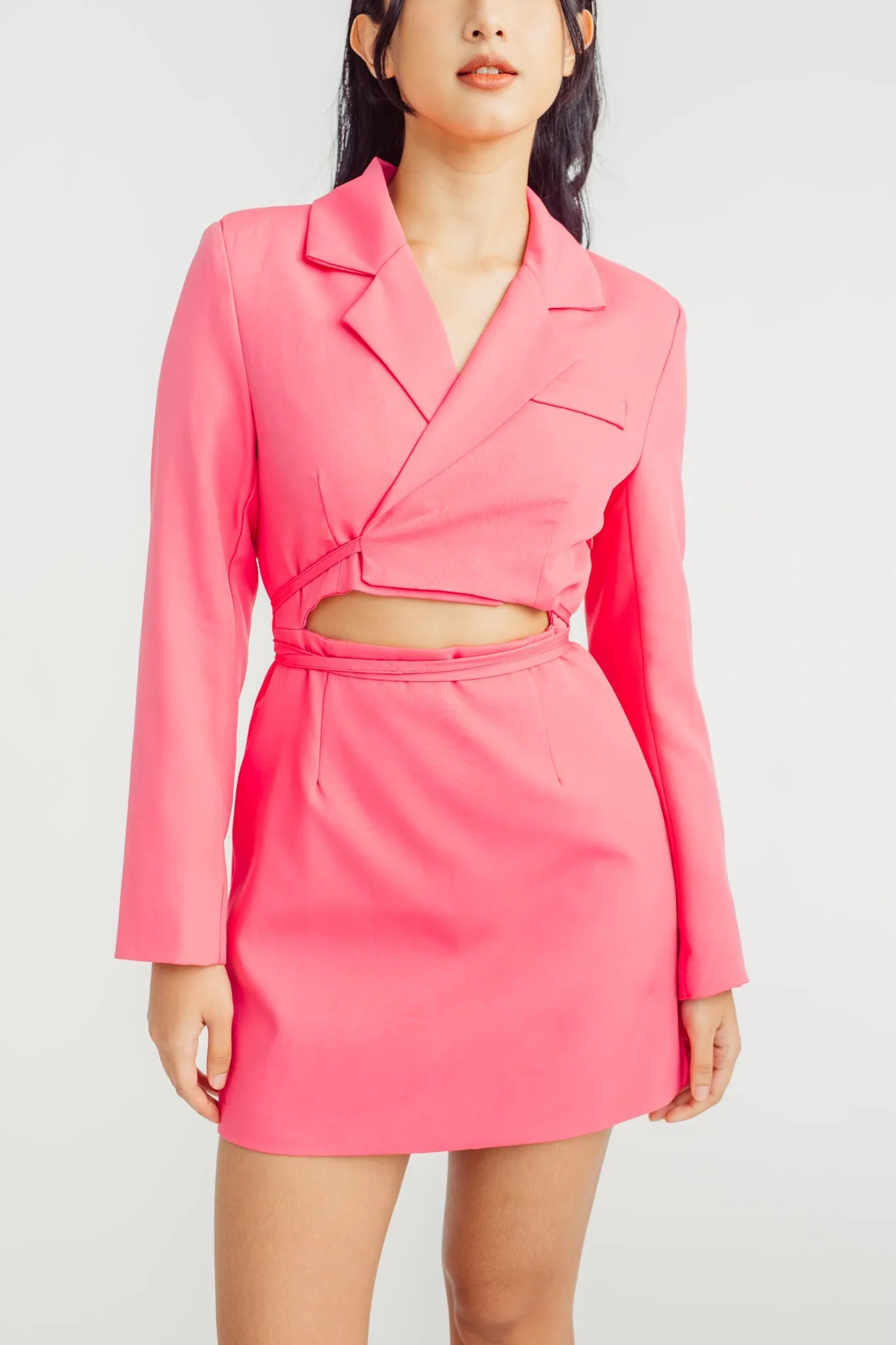 Mathilda Pink Notched Collar V Neck Overlap Long Sleeves Waist Cut Mini Dress
