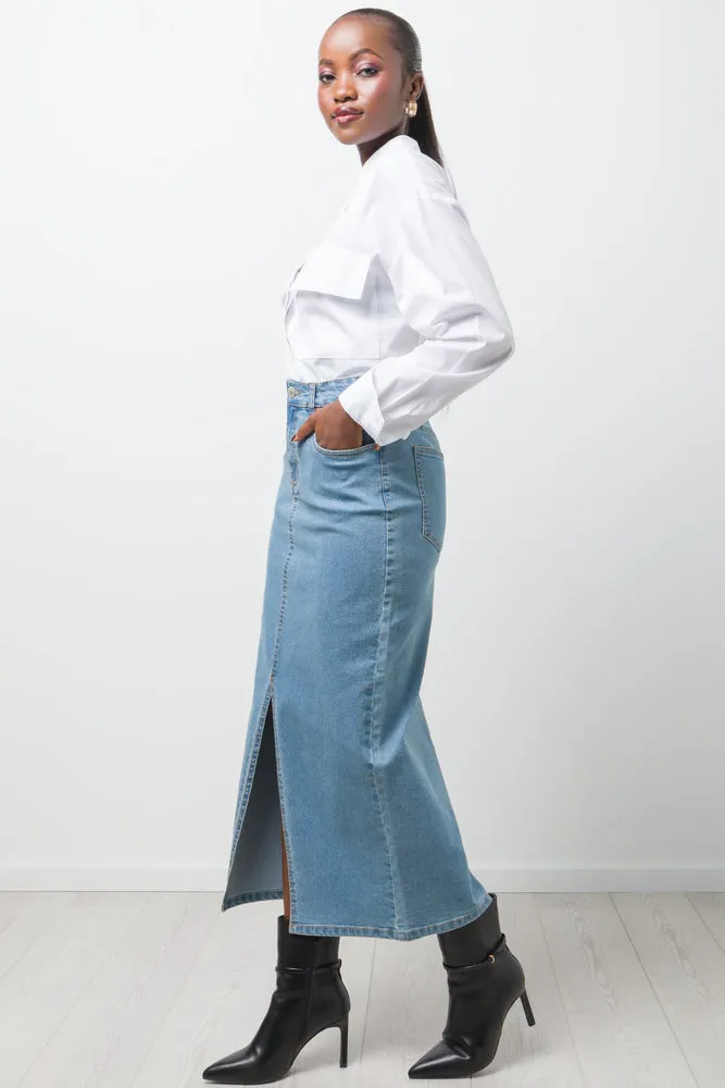 Maxi Denim Skirt With Slit Blue