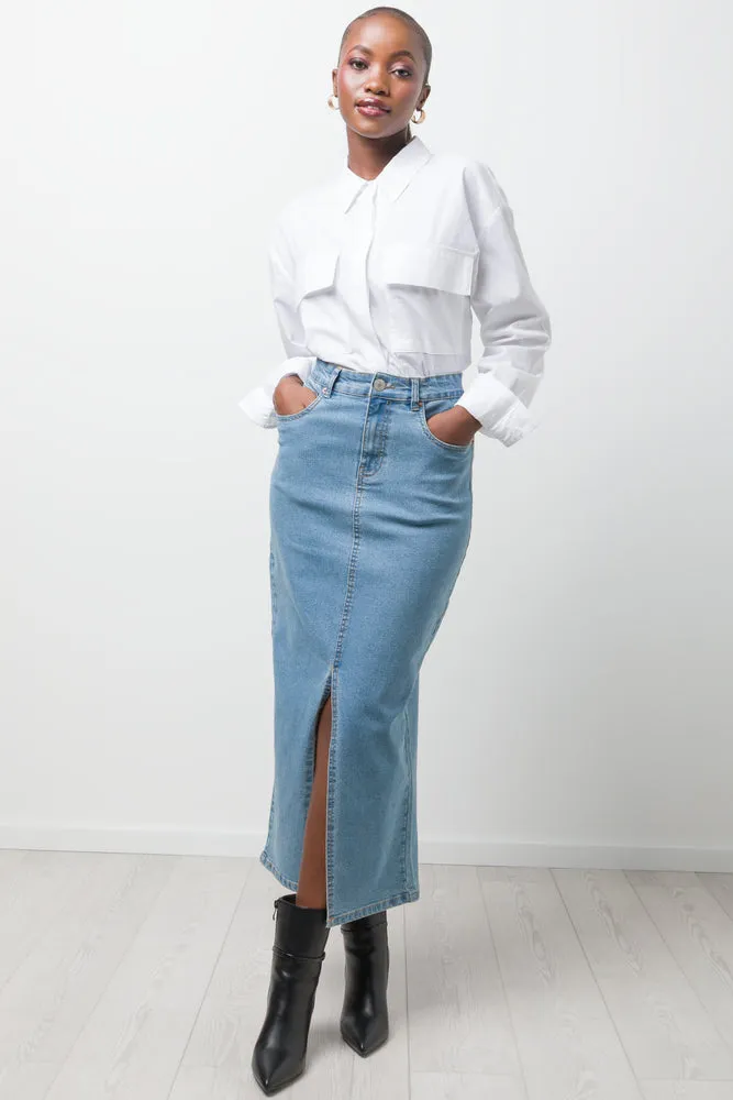 Maxi Denim Skirt With Slit Blue