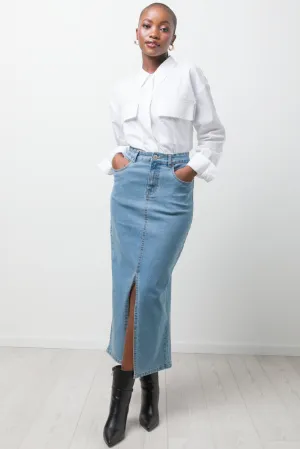 Maxi Denim Skirt With Slit Blue