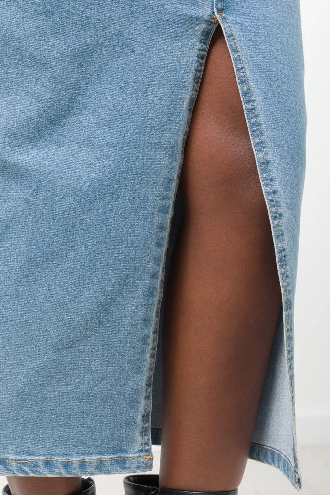 Maxi Denim Skirt With Slit Blue