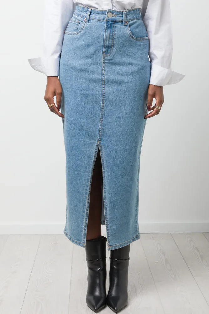 Maxi Denim Skirt With Slit Blue