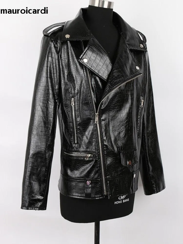 Men's Crocodile Pattern Faux Leather Biker Jacket with Long Sleeves and Zipper