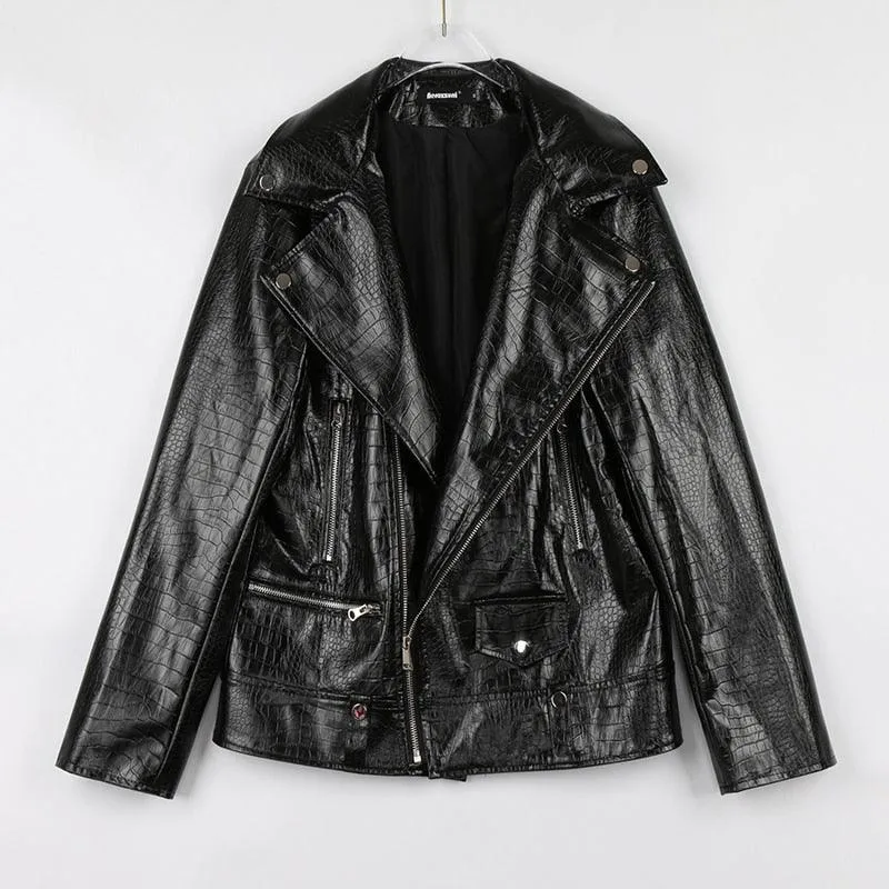 Men's Crocodile Pattern Faux Leather Biker Jacket with Long Sleeves and Zipper