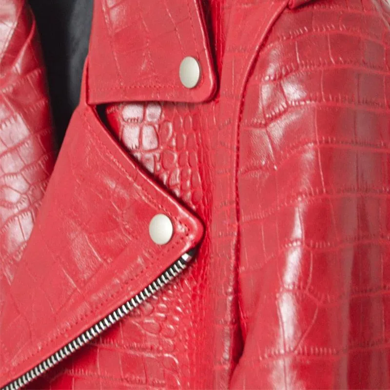 Men's Crocodile Pattern Faux Leather Biker Jacket with Long Sleeves and Zipper