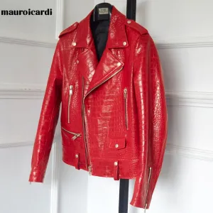 Men's Crocodile Pattern Faux Leather Biker Jacket with Long Sleeves and Zipper