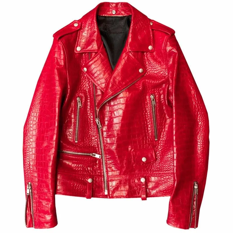 Men's Crocodile Pattern Faux Leather Biker Jacket with Long Sleeves and Zipper