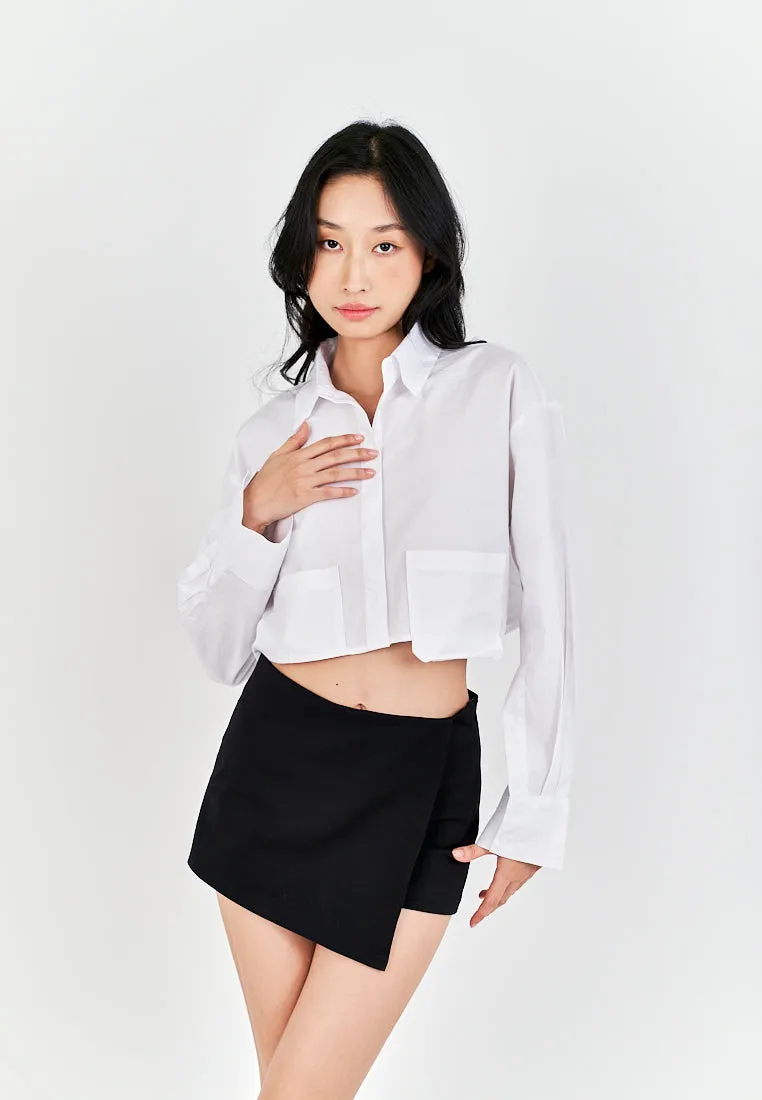 Milou Black Zipper Fly Asymmetric Hem Ovelap Mini Skort