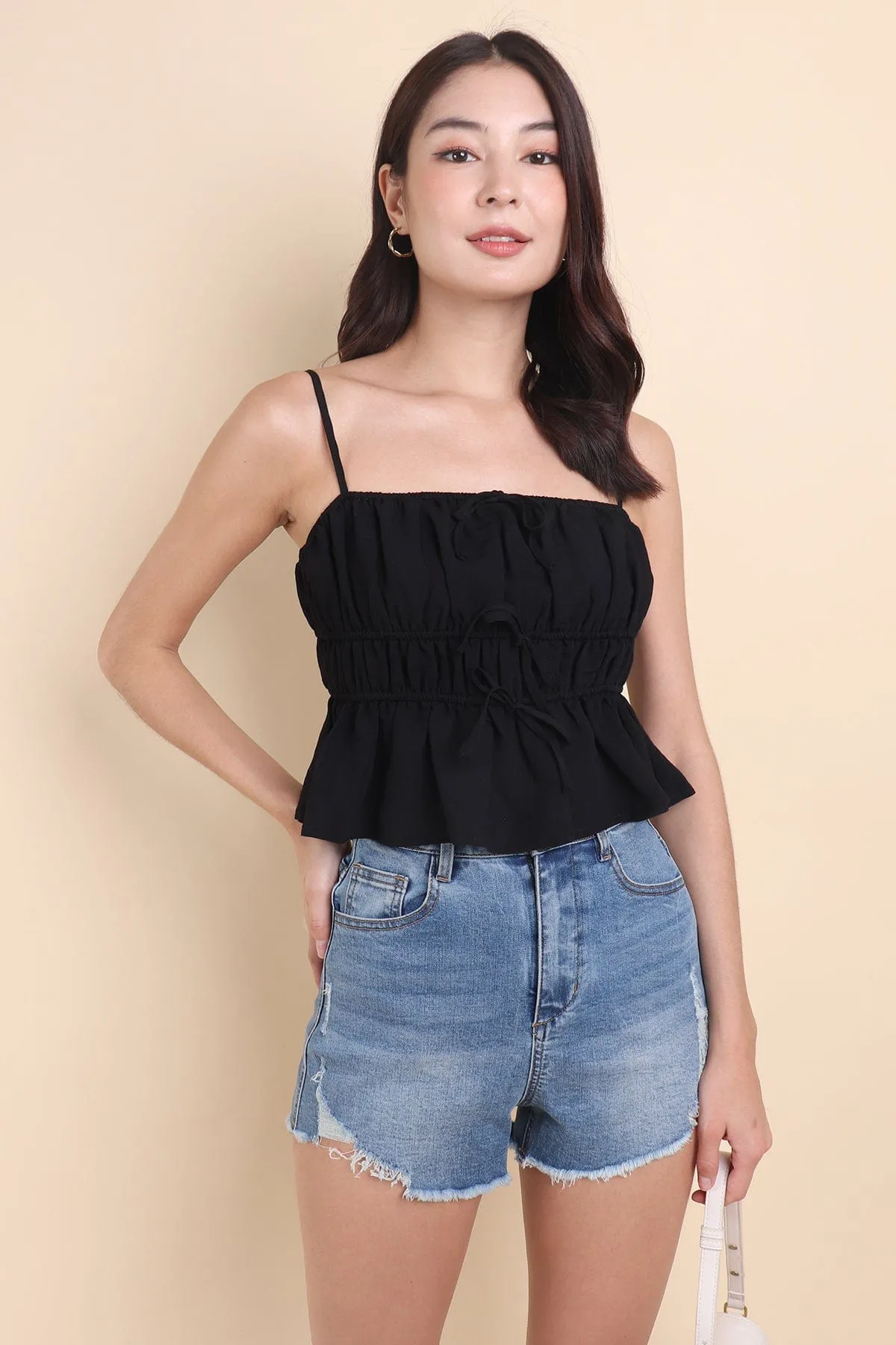 MIMI RIBBON RUCHED TOP IN BLACK