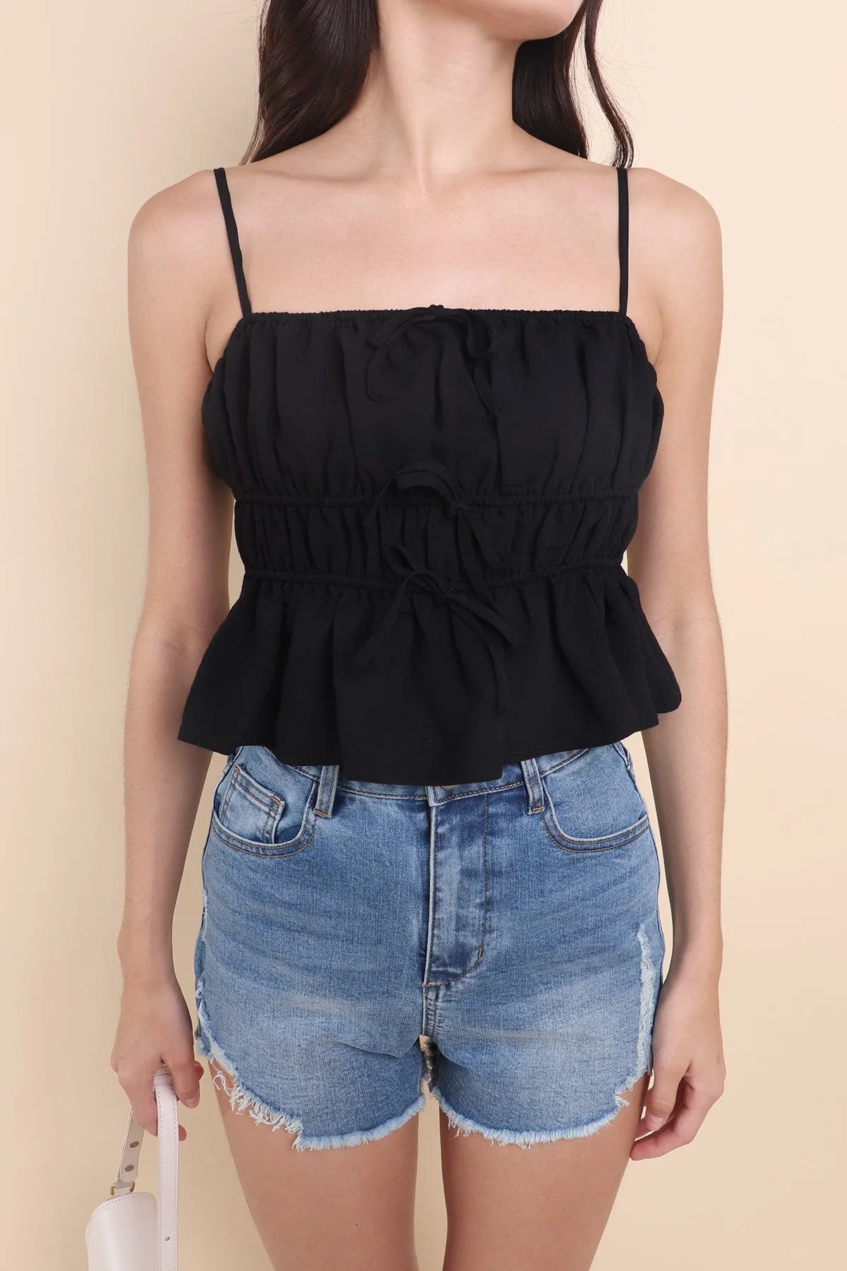MIMI RIBBON RUCHED TOP IN BLACK
