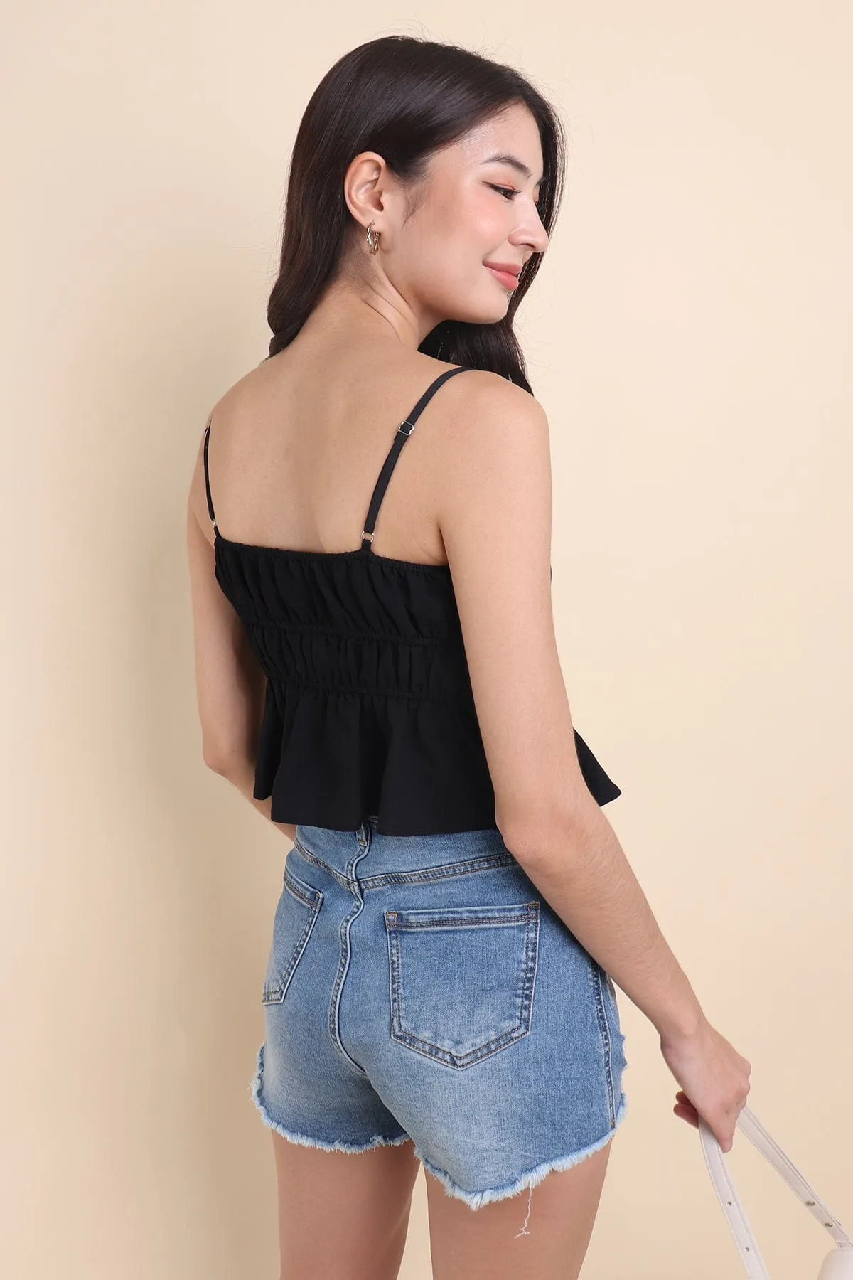 MIMI RIBBON RUCHED TOP IN BLACK