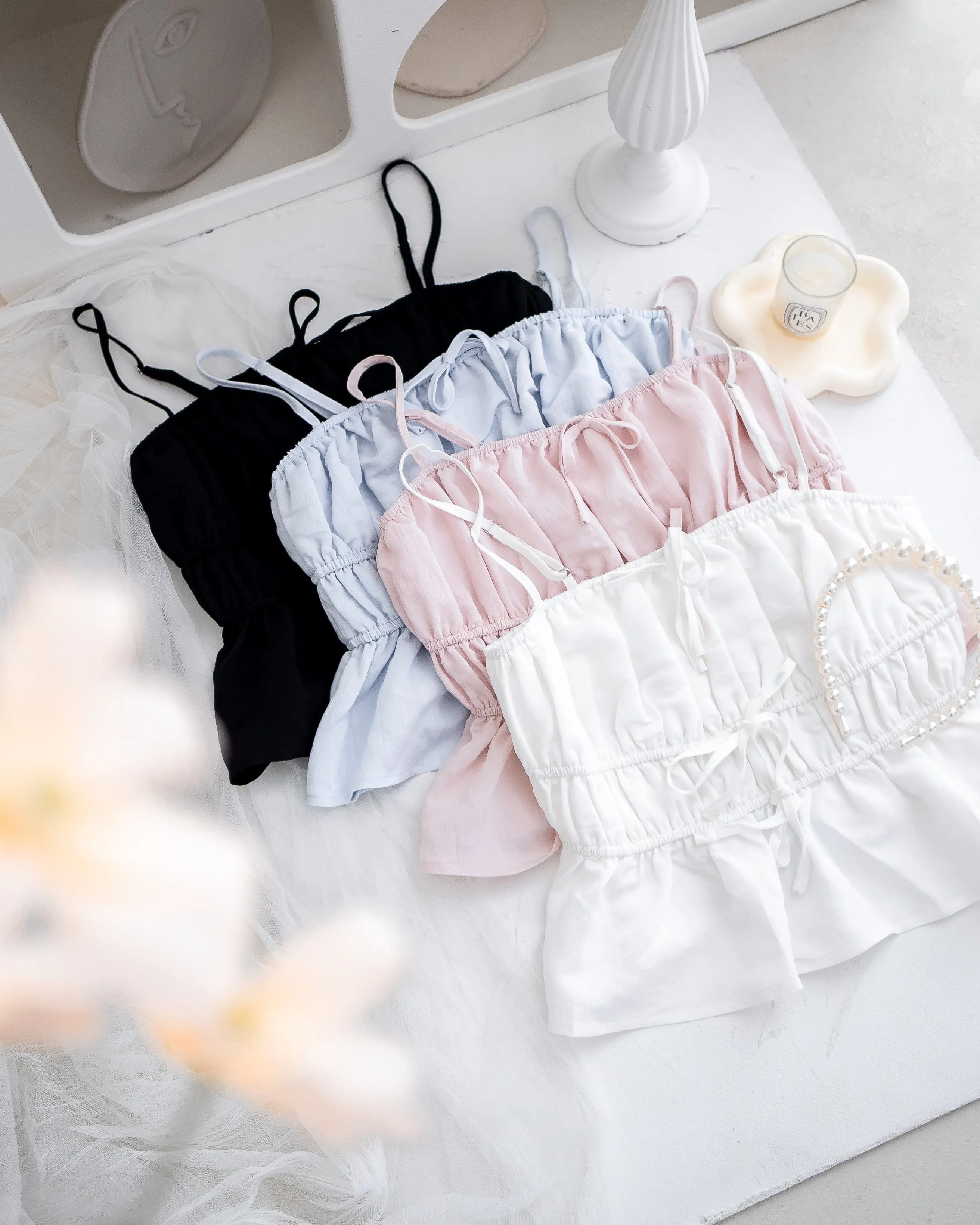 MIMI RIBBON RUCHED TOP IN BLACK