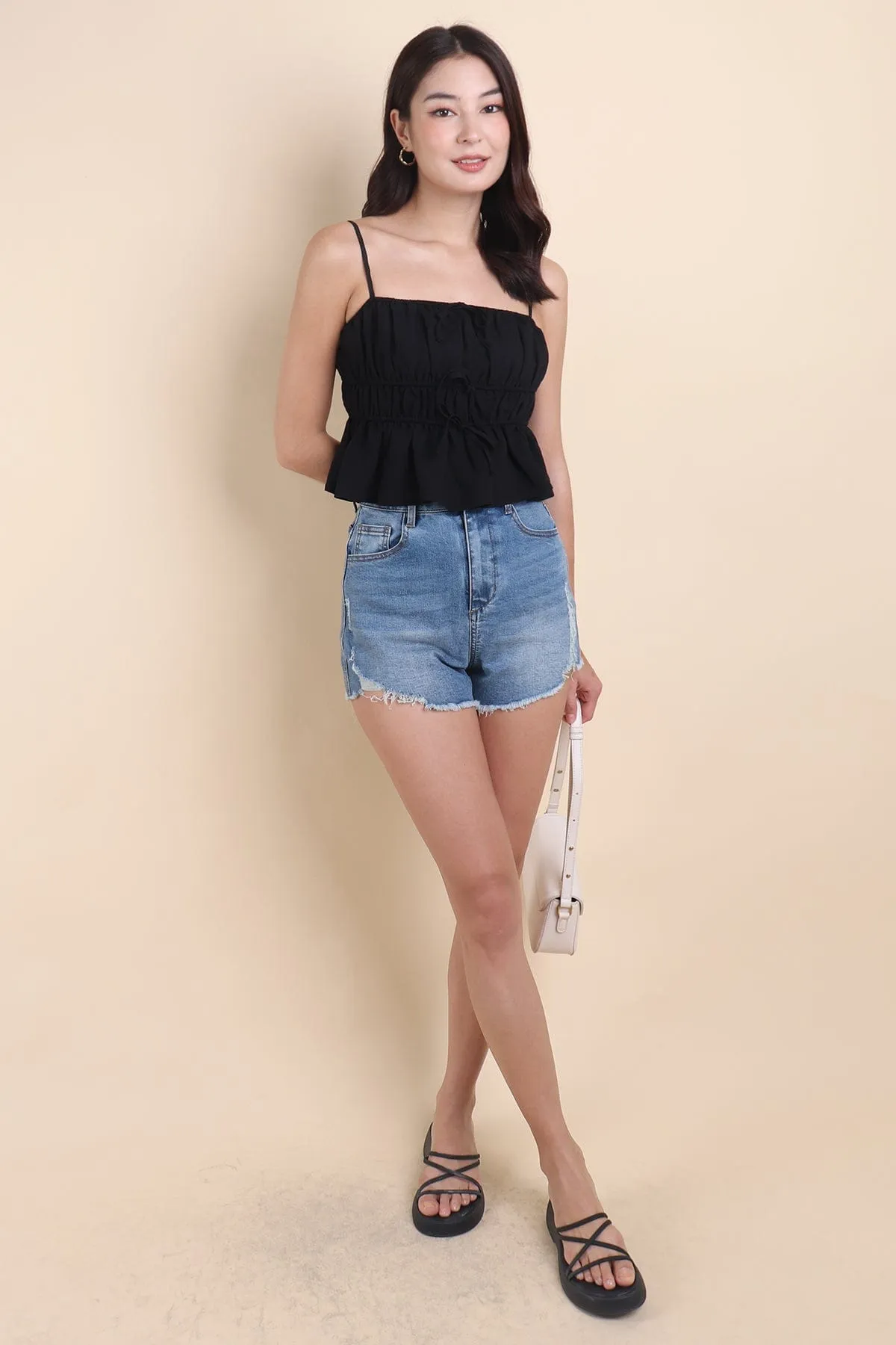 MIMI RIBBON RUCHED TOP IN BLACK