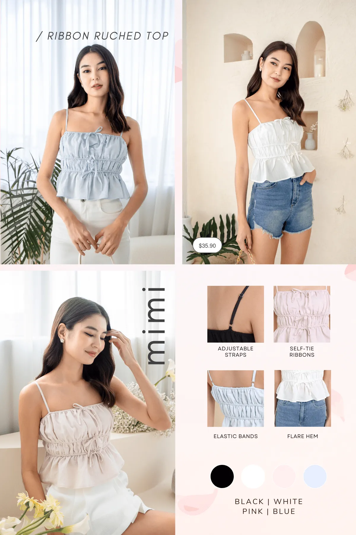 MIMI RIBBON RUCHED TOP IN BLACK