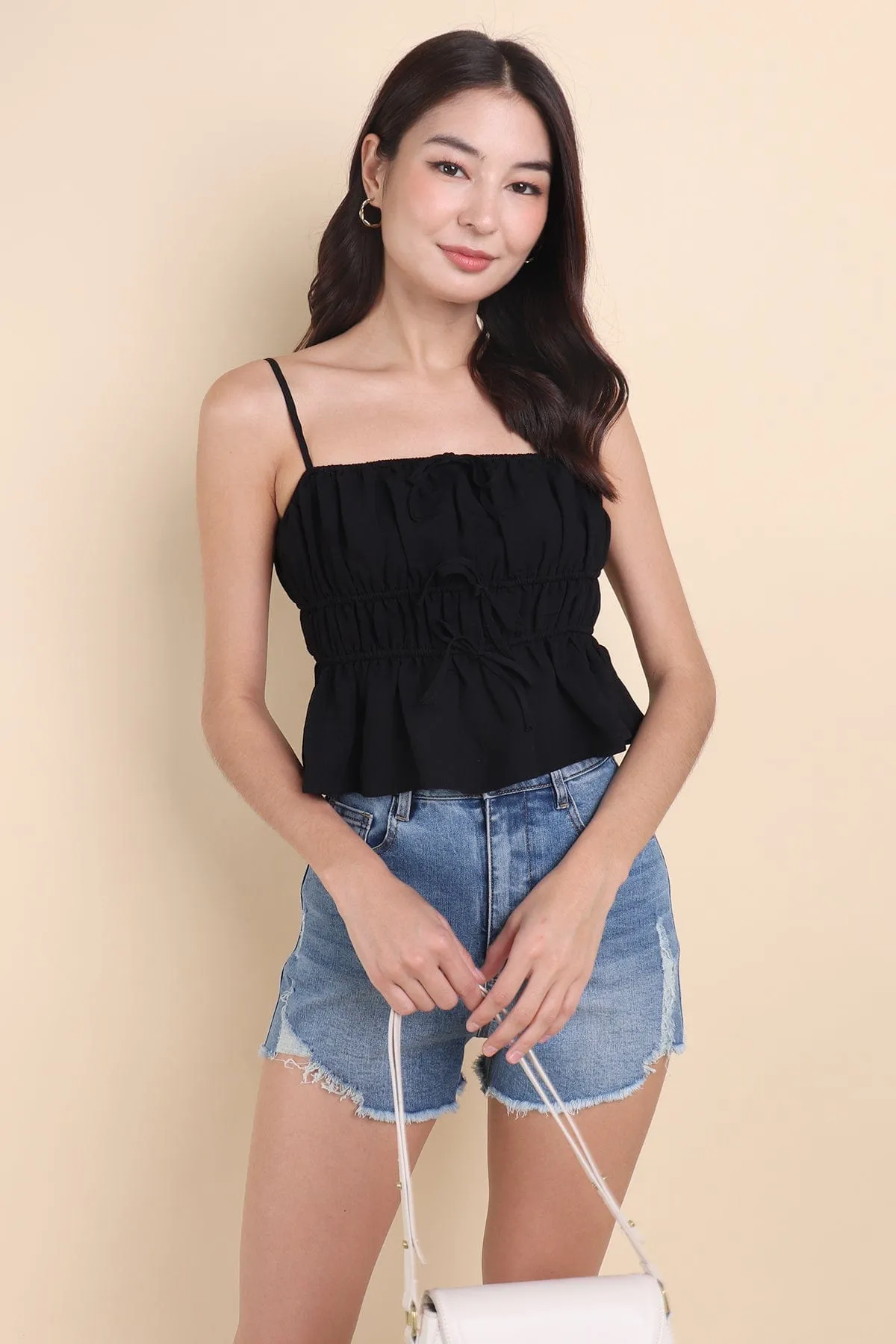 MIMI RIBBON RUCHED TOP IN BLACK