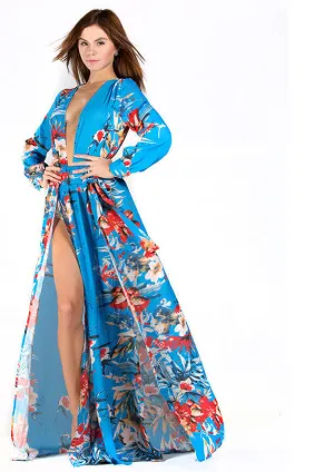 Missord V-neck Long Sleeve split printing dress beach dress FT2294