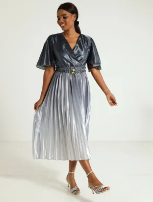 Mock Wrap Belted Pleated Midi Dress