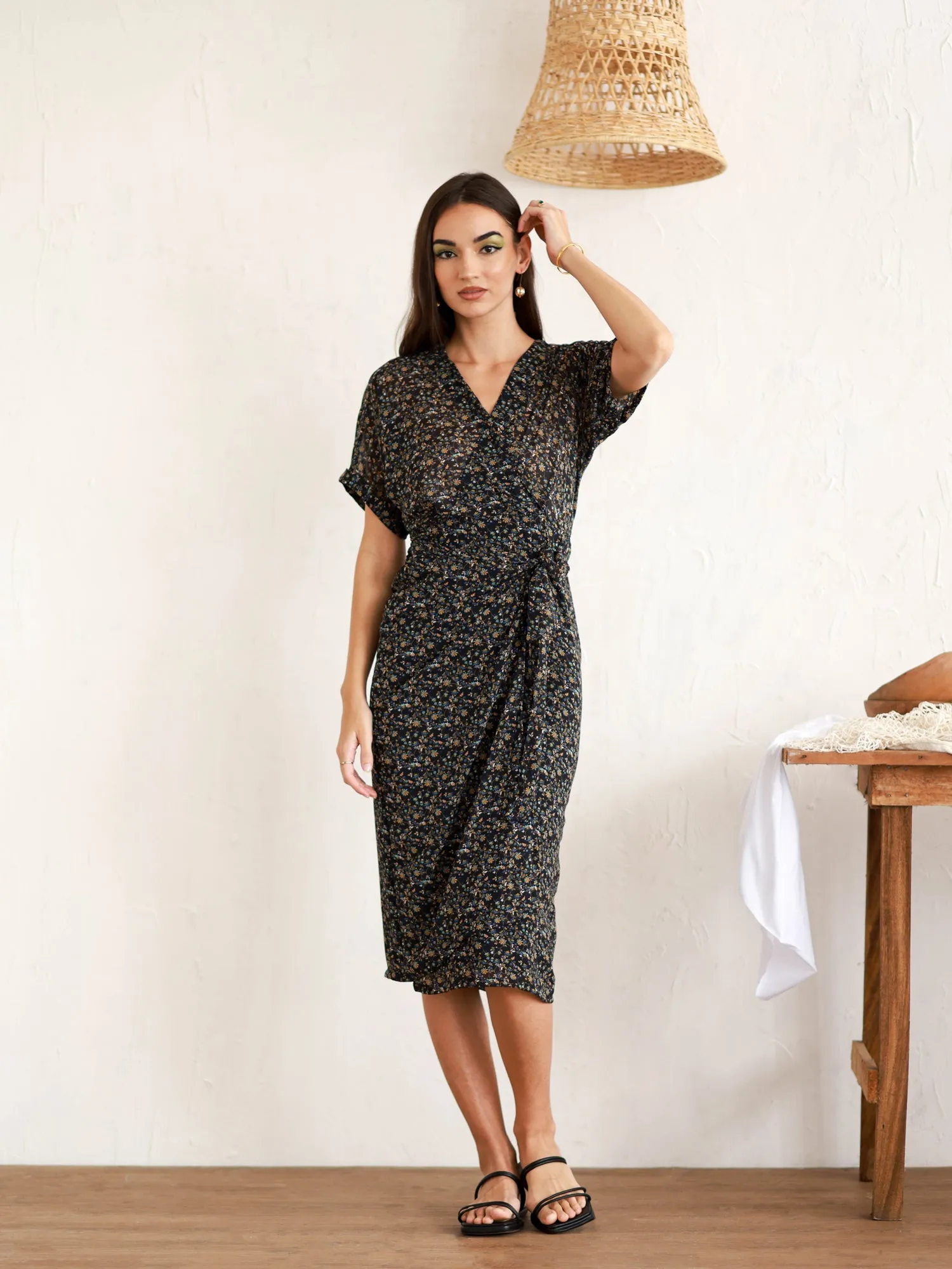 Mock Wrap Midi Dress