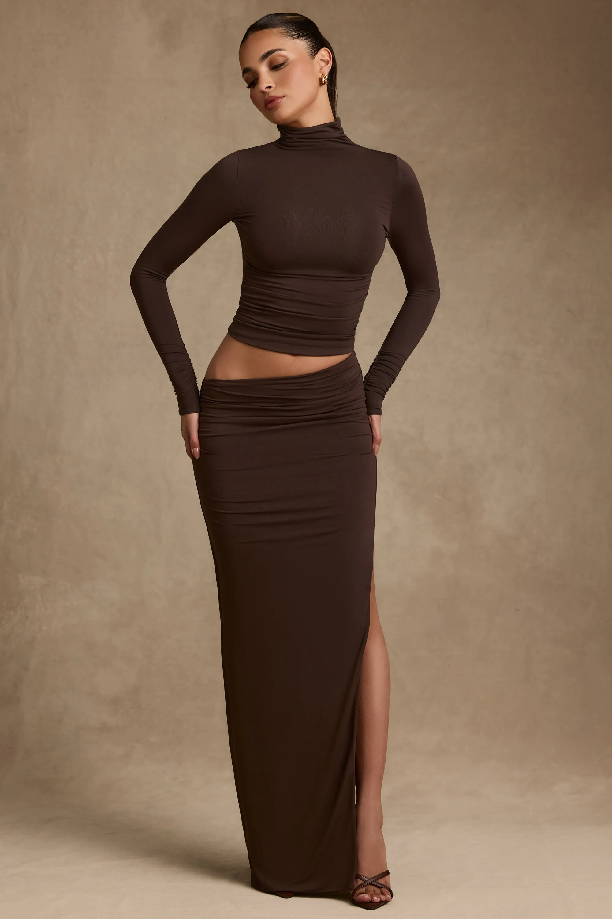 Modal Asymmetric-Waist Maxi Skirt in Chocolate Brown