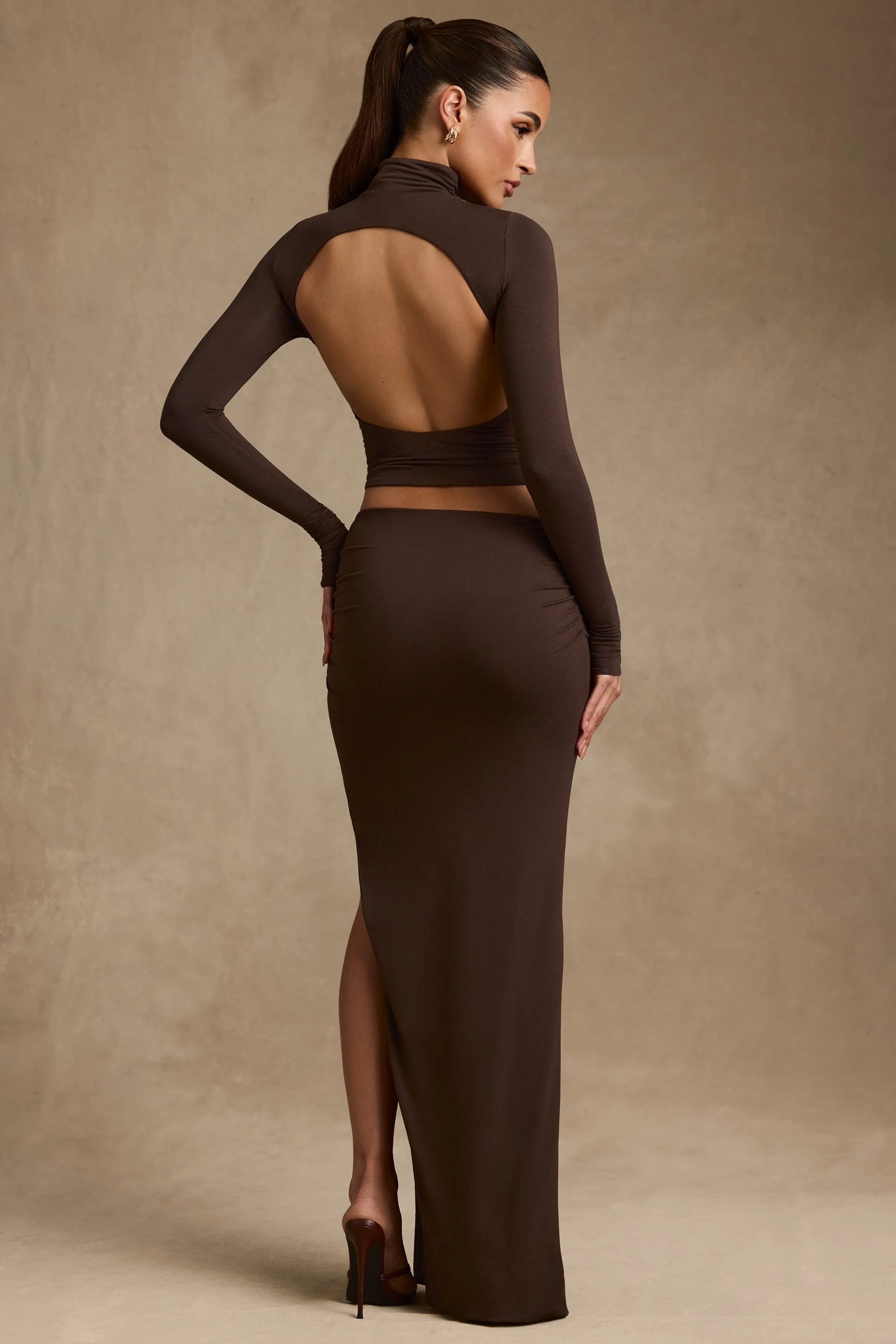 Modal Asymmetric-Waist Maxi Skirt in Chocolate Brown