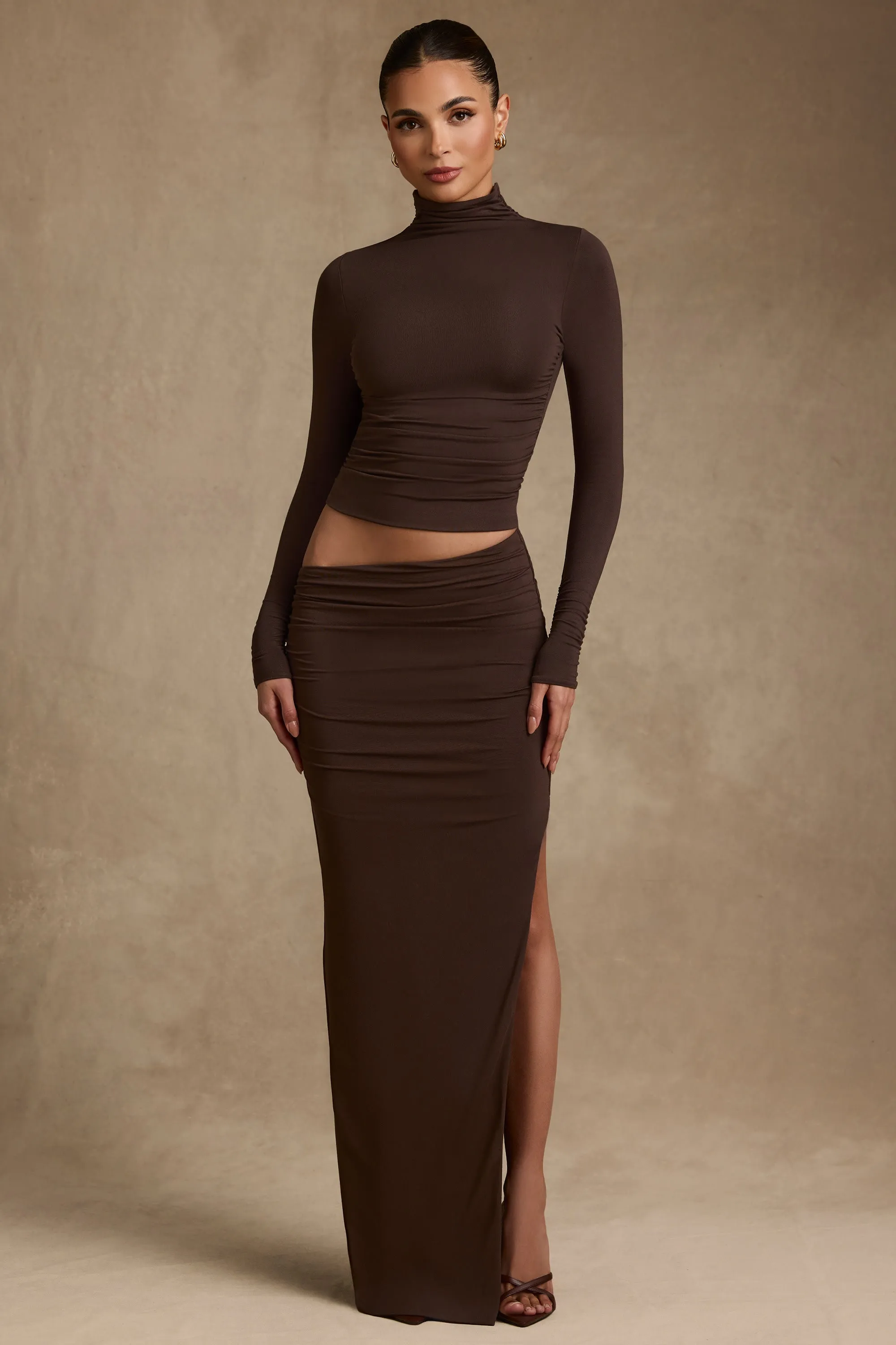 Modal Asymmetric-Waist Maxi Skirt in Chocolate Brown