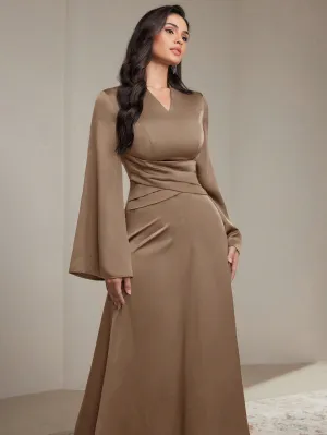 Modely Women's Solid Color V-Neck Ruffle Wrap Long Sleeve Dress