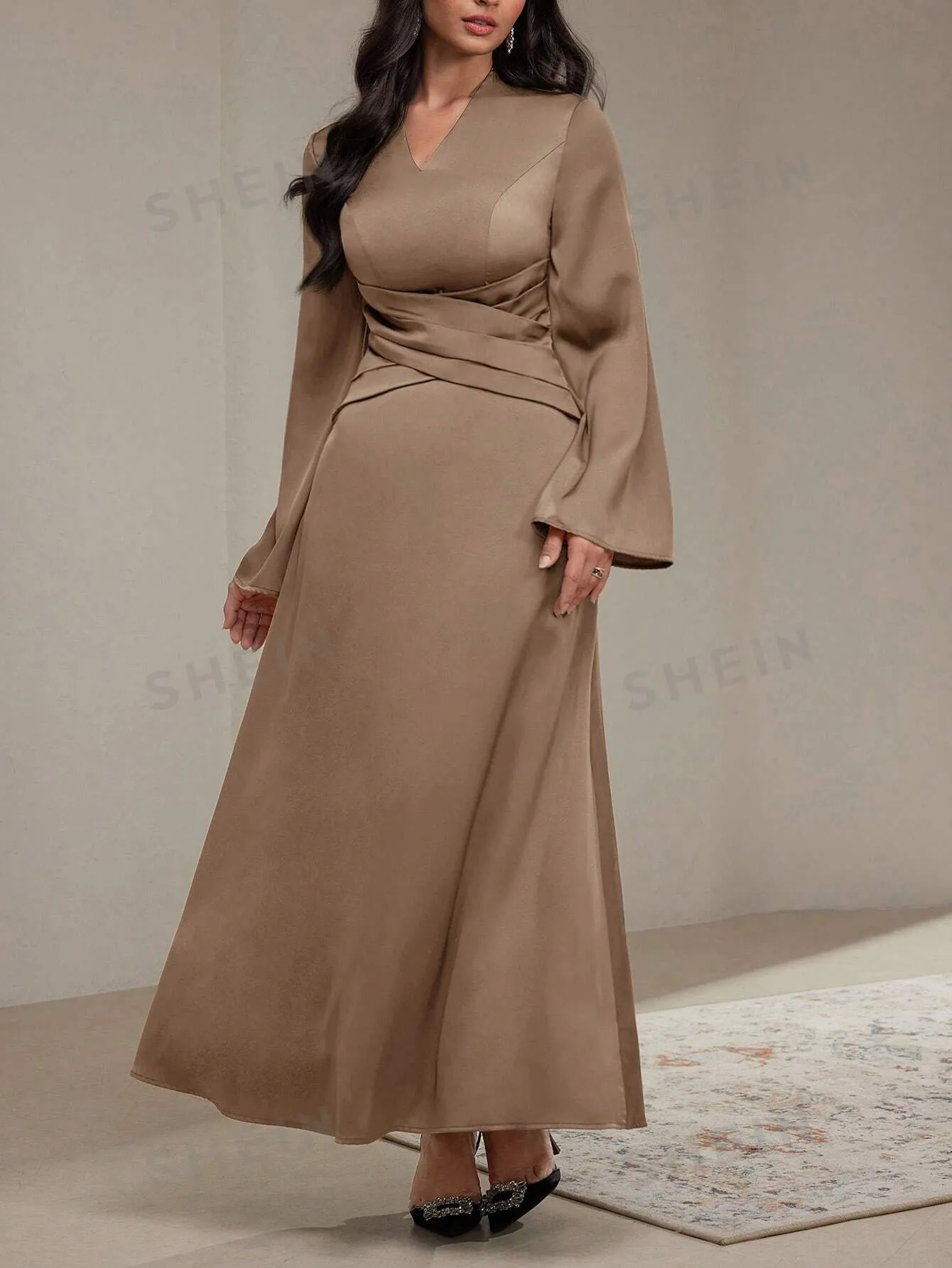 Modely Women's Solid Color V-Neck Ruffle Wrap Long Sleeve Dress