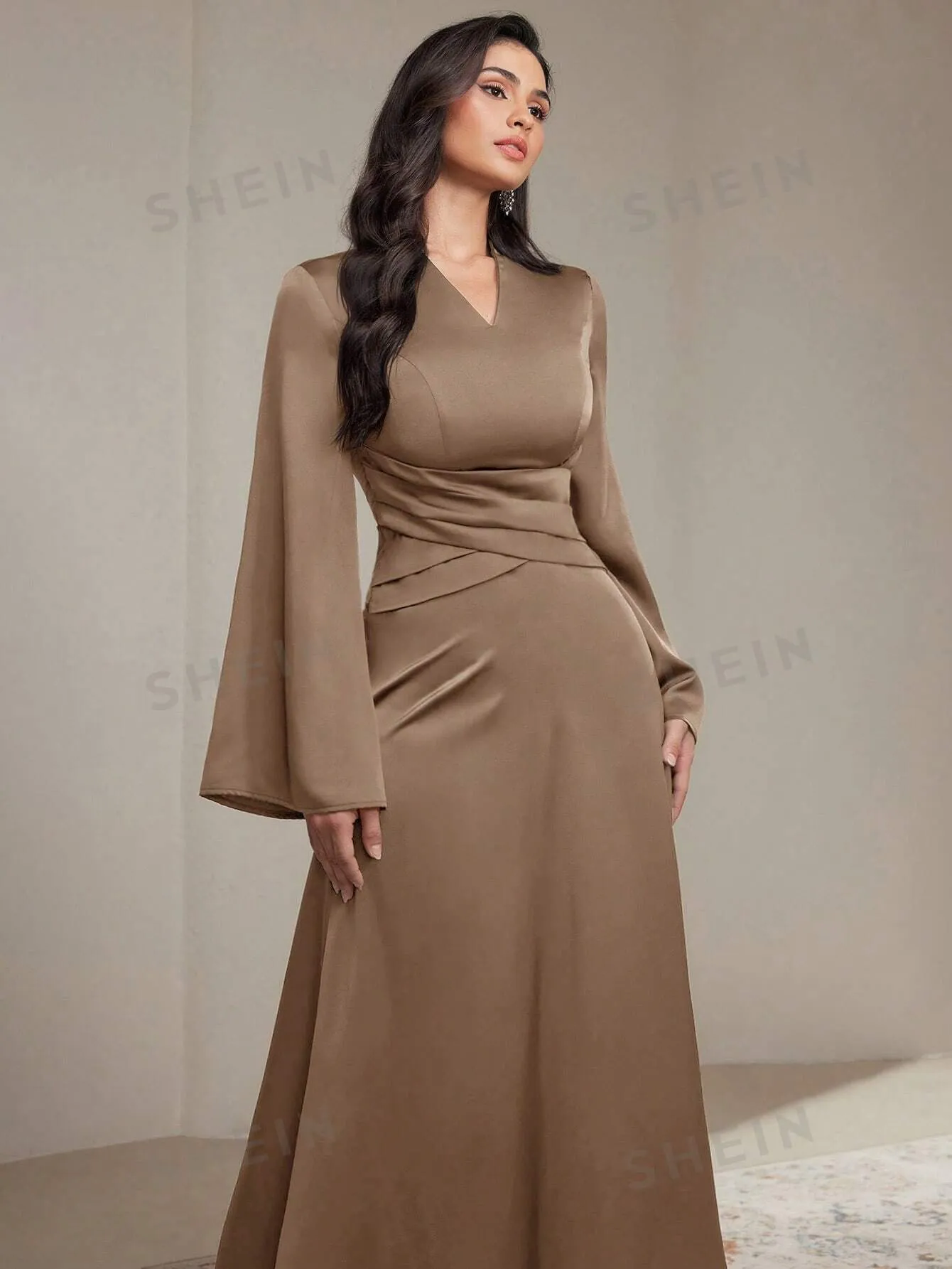 Modely Women's Solid Color V-Neck Ruffle Wrap Long Sleeve Dress