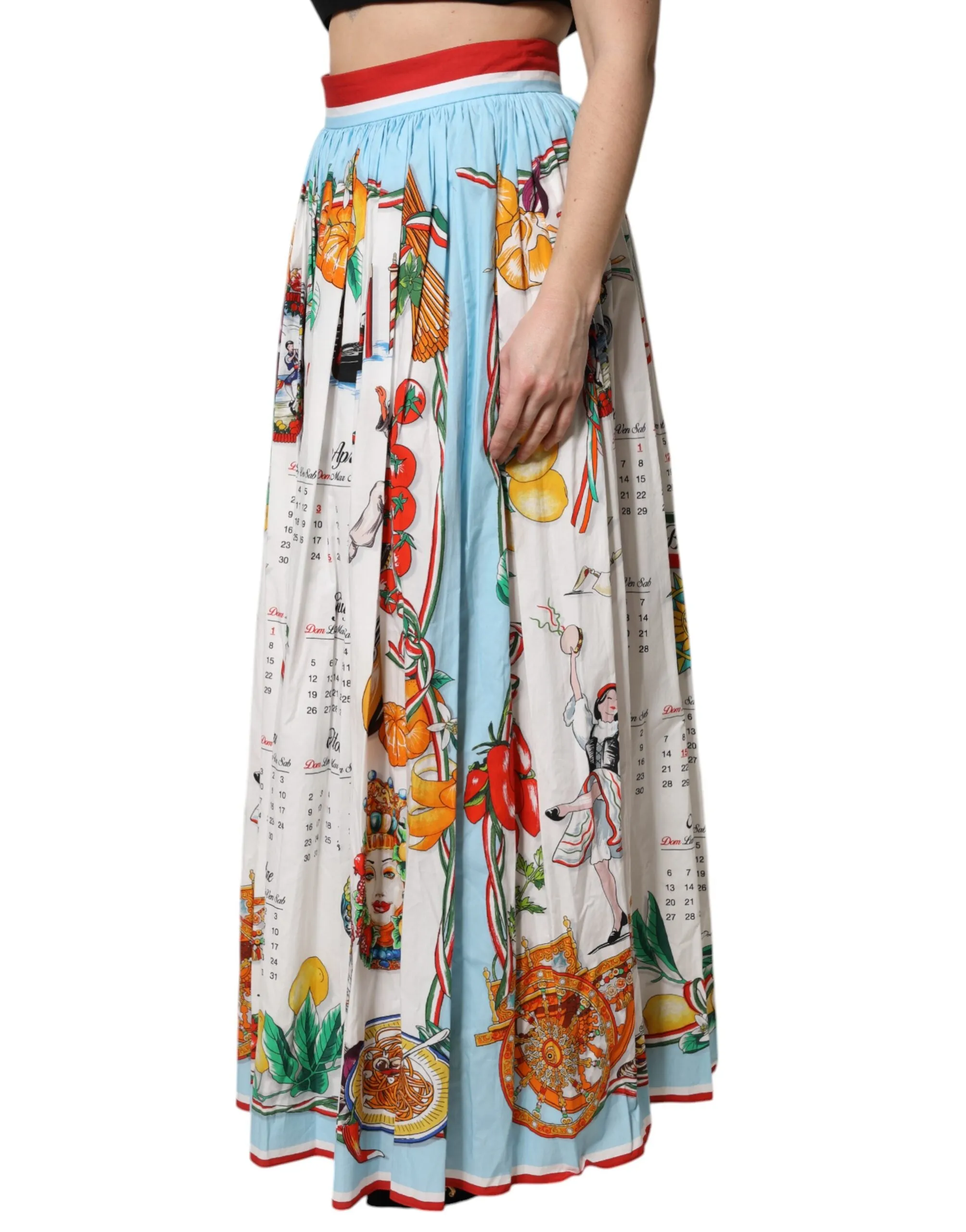 Multicolor Cotton Calendar Print Maxi Skirt