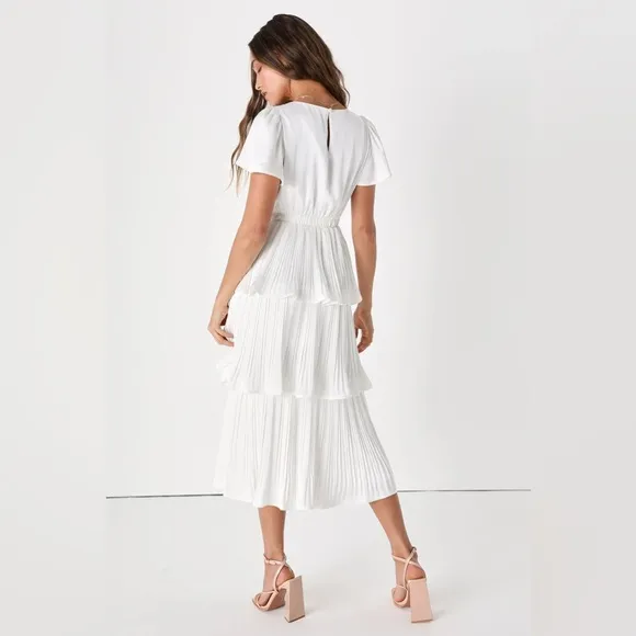 NWOT Lulus Twirl-wind Romance White Satin Pleated Tiered Short Sleeve Midi Dress