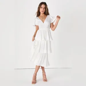 NWOT Lulus Twirl-wind Romance White Satin Pleated Tiered Short Sleeve Midi Dress