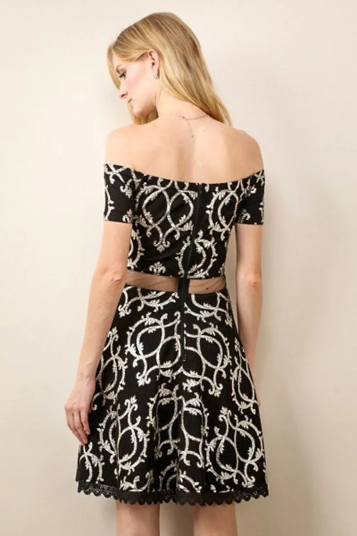 Off Shoulder Mini Dress Short Sleeve Flare Skirt Black Gold