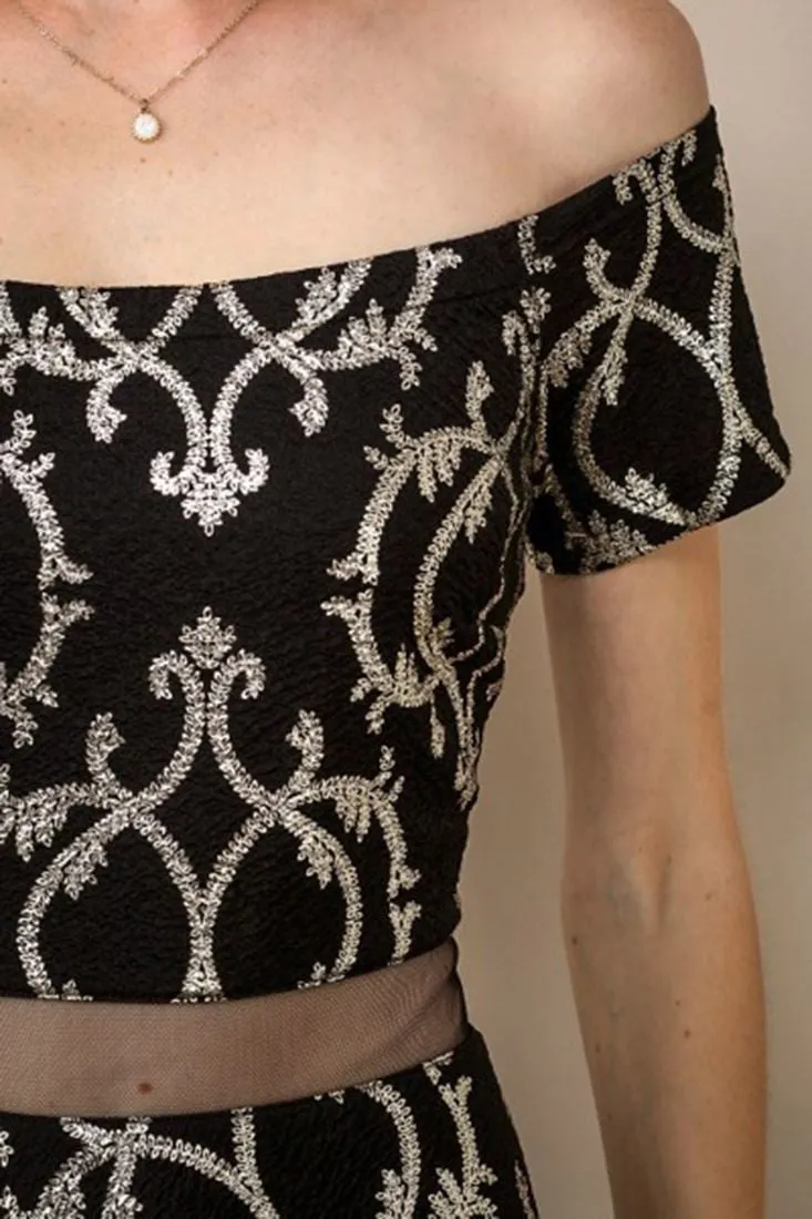 Off Shoulder Mini Dress Short Sleeve Flare Skirt Black Gold