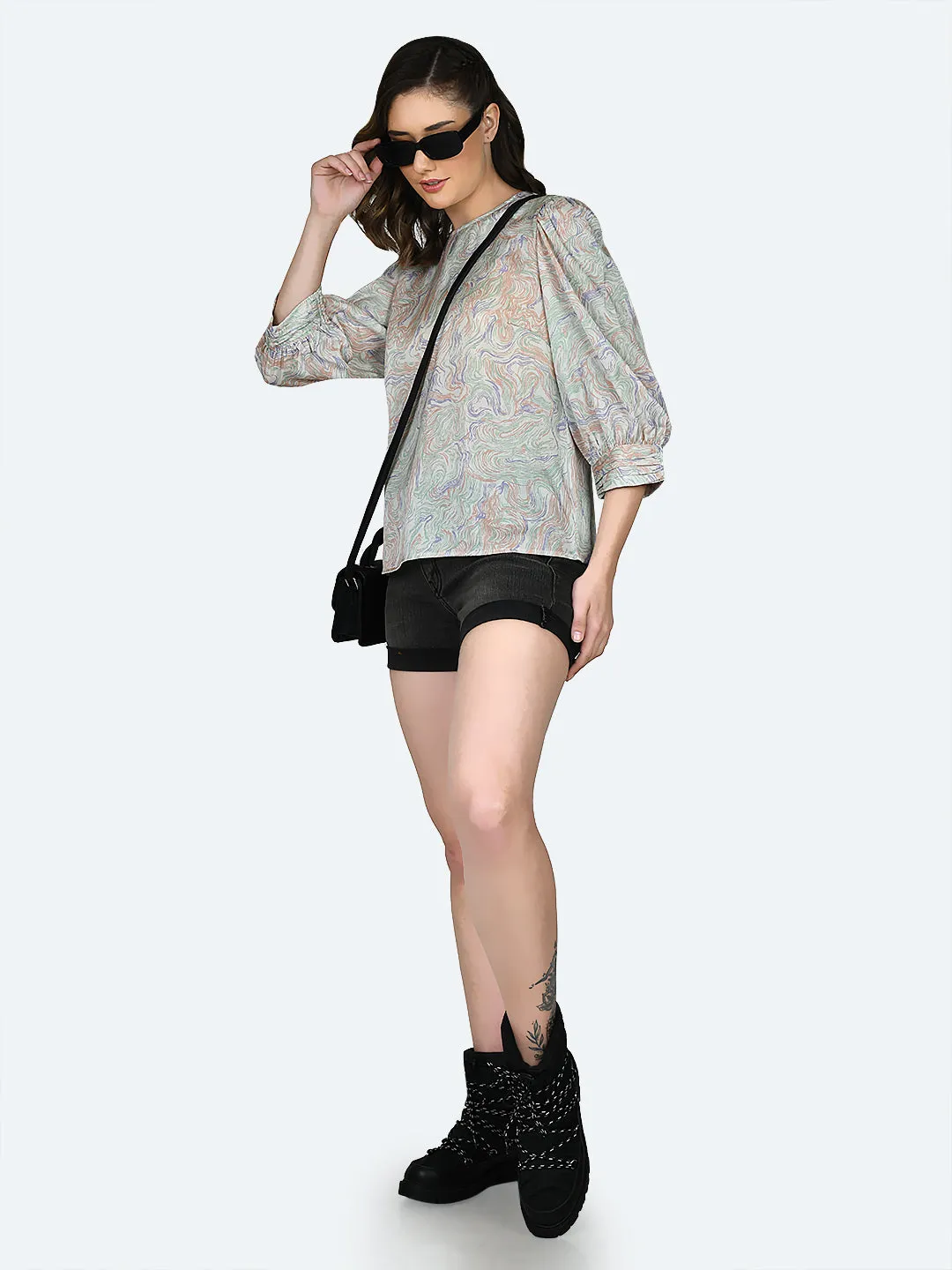 Off White Printed Ruched Top